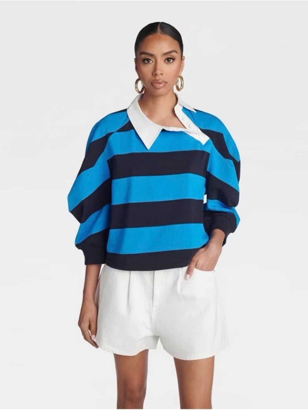 Striped Blue & Navy Collared Women's Top